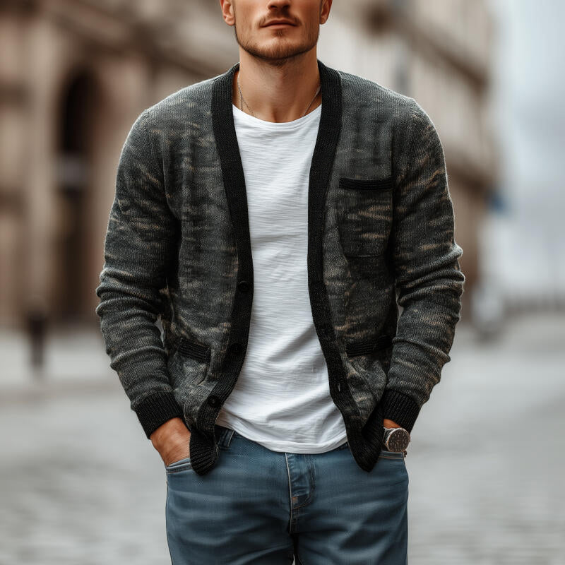 Men's Casual Camouflage Jacquard V-neck Single-breasted Slim Fit Knit Cardigan MTA2162H8M