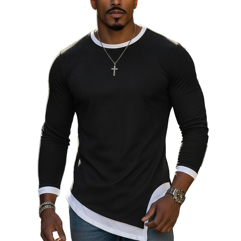 Men's Spring Fashion Color-block Cotton Blend Crew Neck Long-sleeved T-shirt MTZ0562A2P