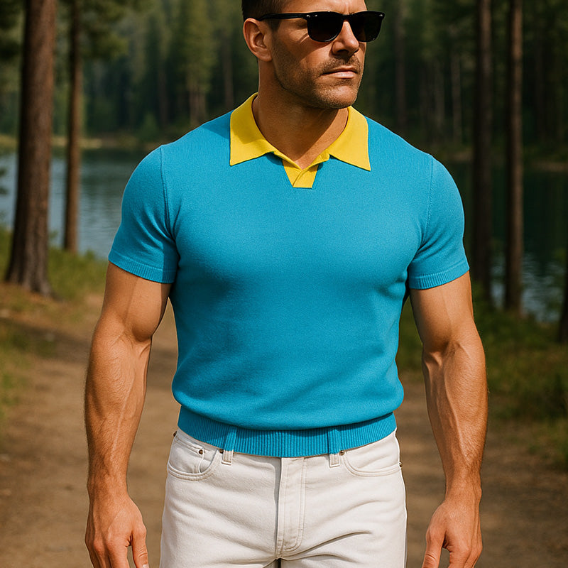 Men's Summer Fashion Contrast Color Knitted Short Sleeve Polo Shirt MTA0343F9P