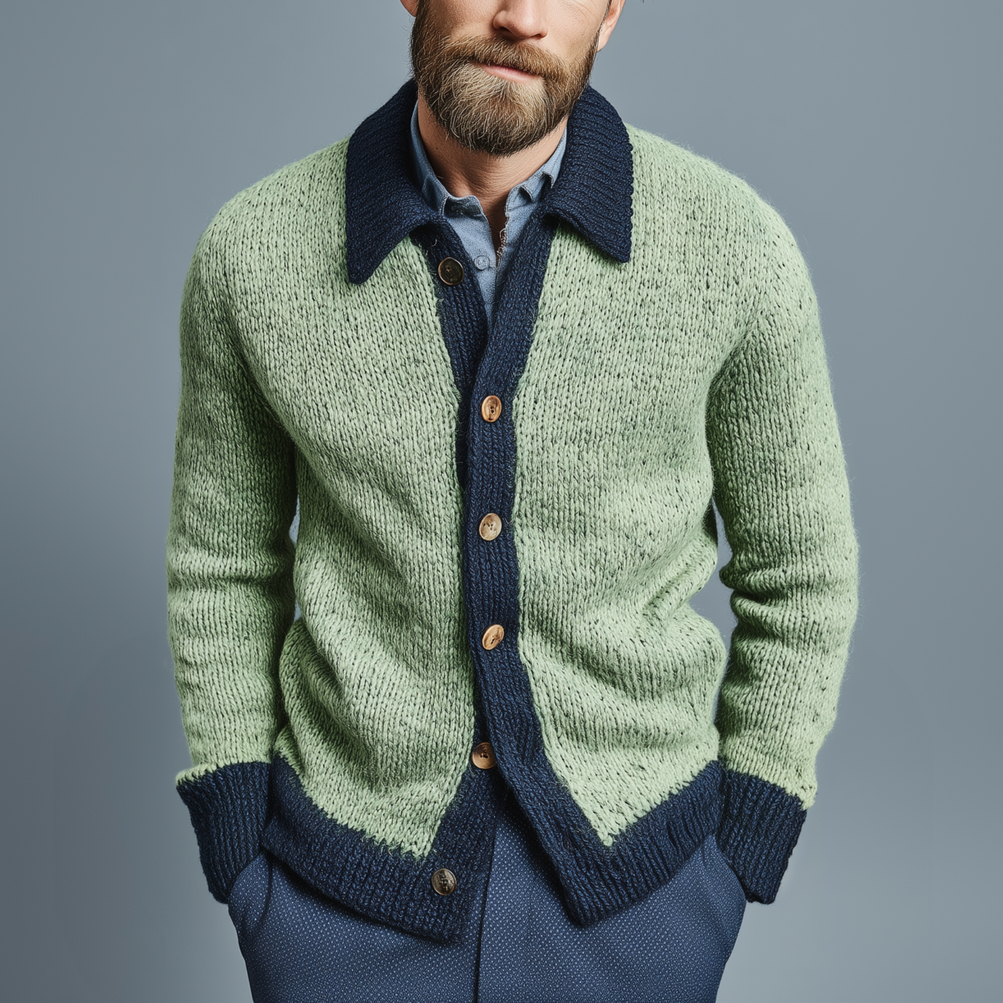 Men's Classic Casual Lapel Green And Navy Blue Knitted Cardigan MTA2669I3K