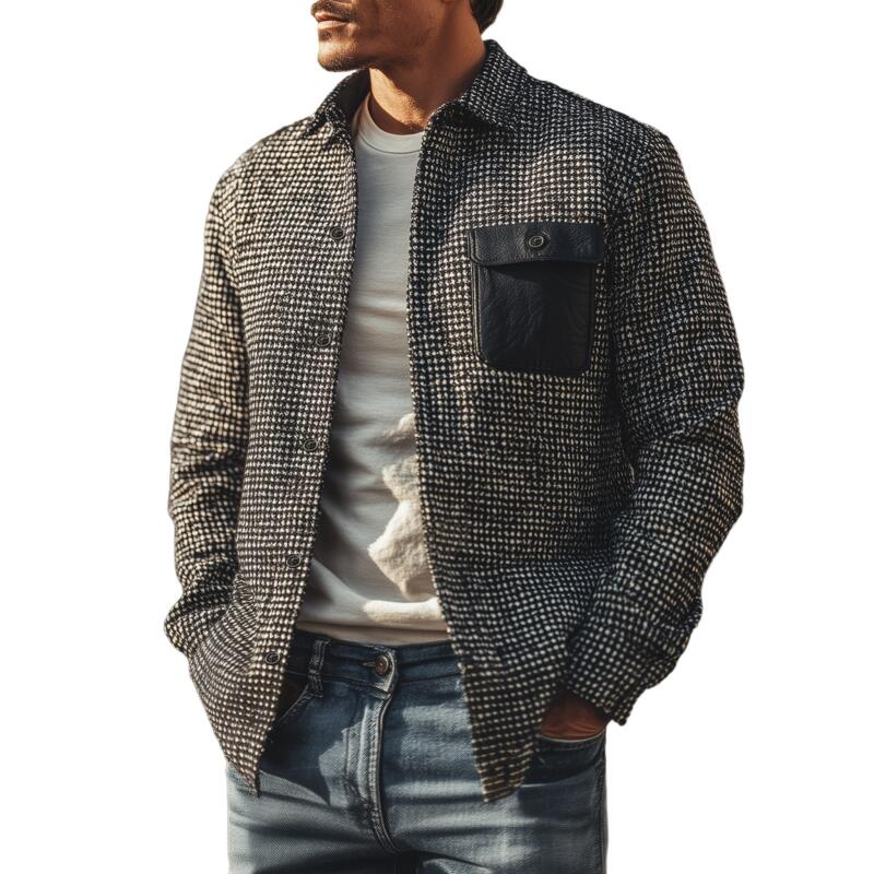 Men's Vintage Houndstooth Lapel PU Chest Pocket Loose Long Sleeve Shirt Jacket MTA2574H8M