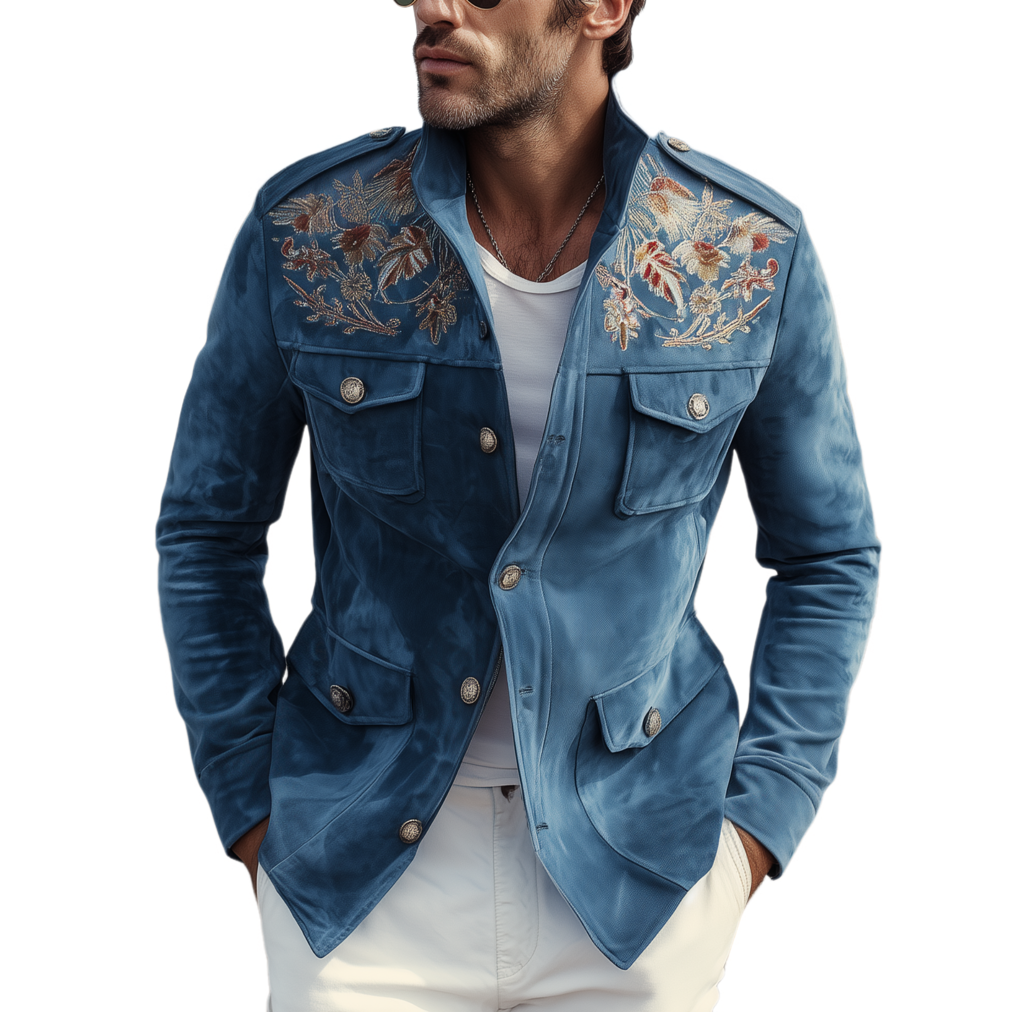 Men's Classic American Retro Western Style Embroidered Suede Multi-Pocket Jacket MTA2067H2K