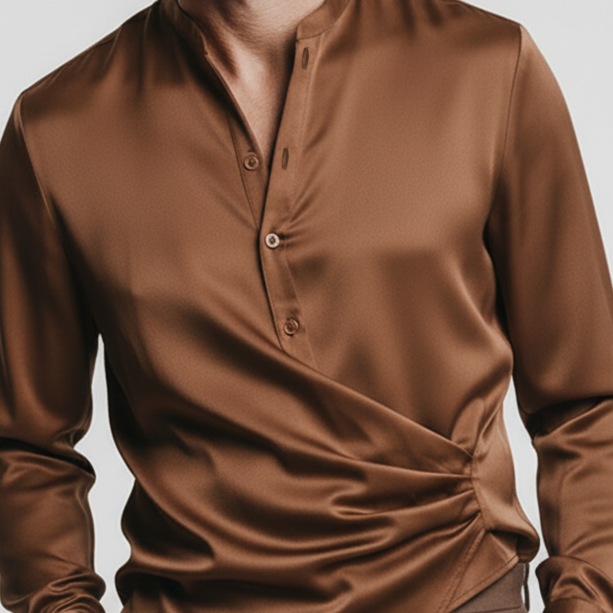 Men's Classic Casual Satin Stand-collar Pullover Long-sleeved Shirt MTZ0924A3K