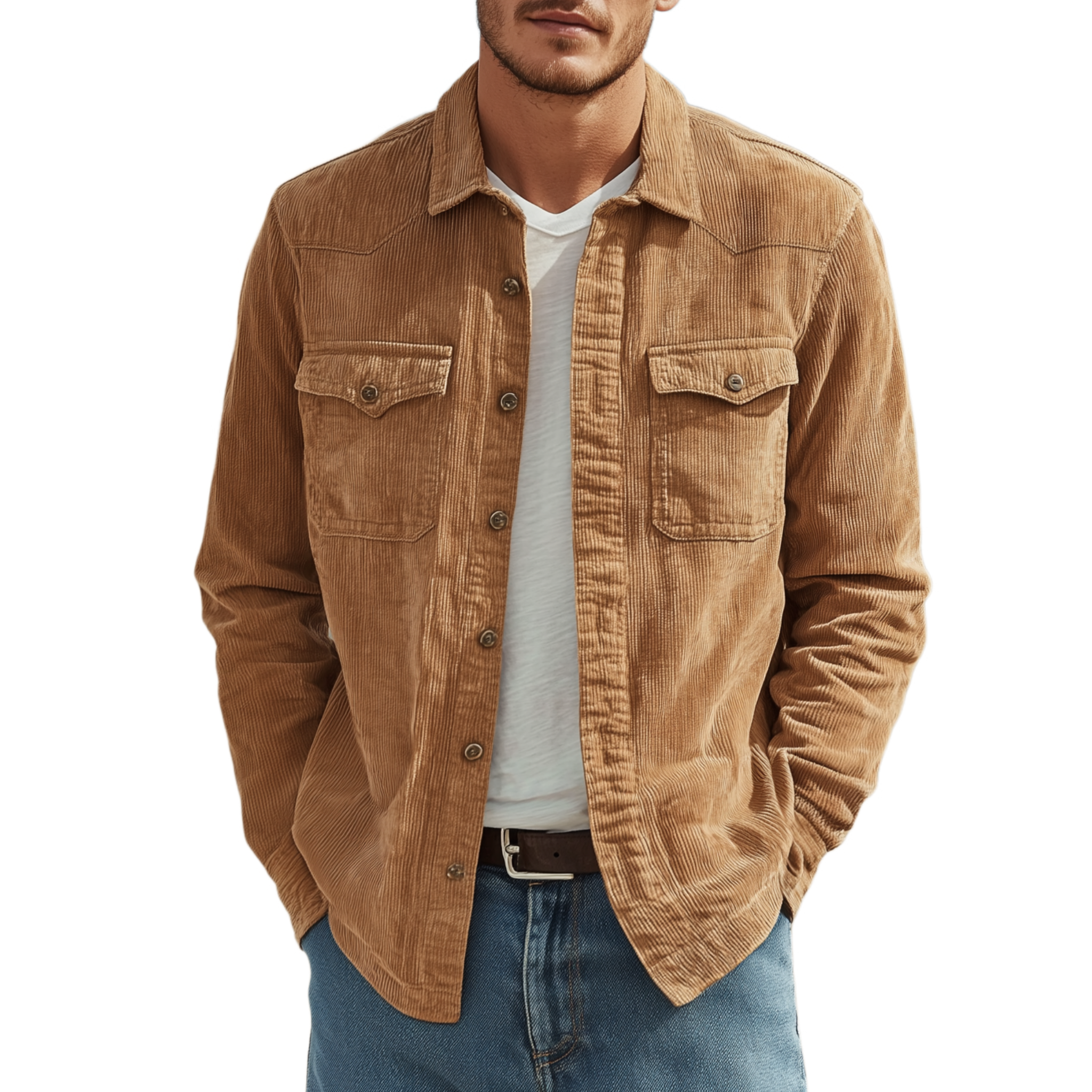 Men's Classic Casual Thin Corduroy Solid Color Multi-Pocket Long Sleeve Shirt MTA1882G9K