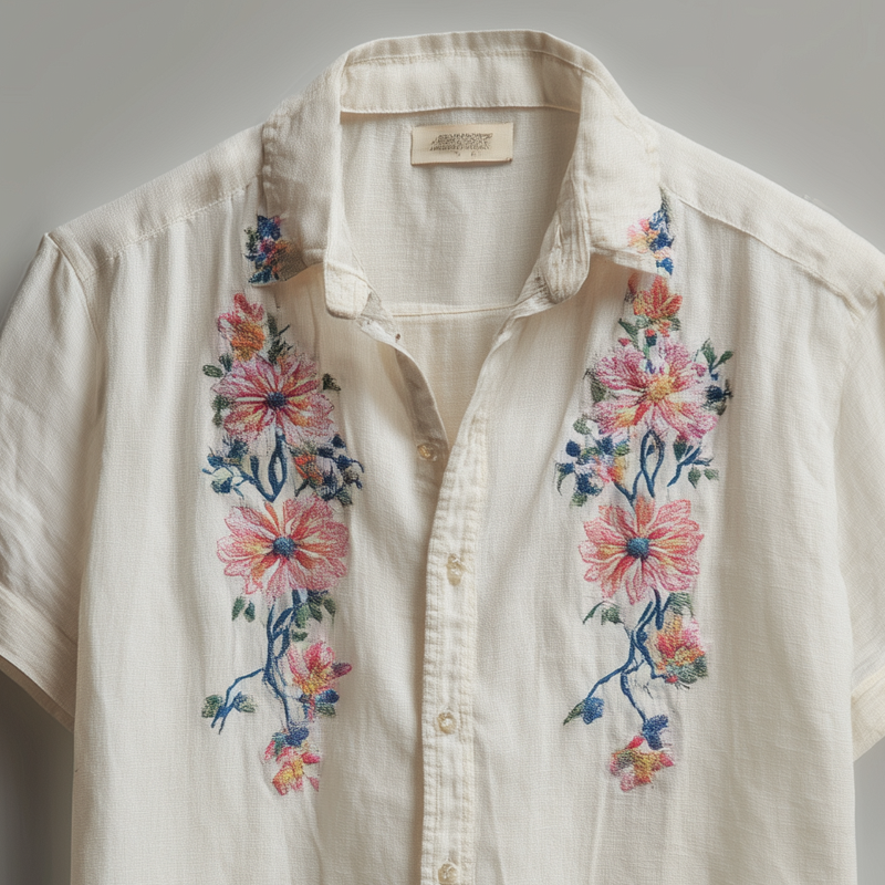 Men's Flora Embroidered Lapel Short Sleeve Cotton And Linen Shirt MTA3111G4Z