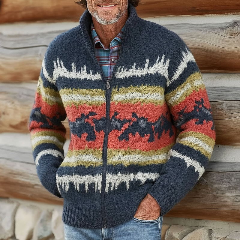 Men's Retro Colorblock Jacquard Zipper Knit Cardigan MTA3055H2U