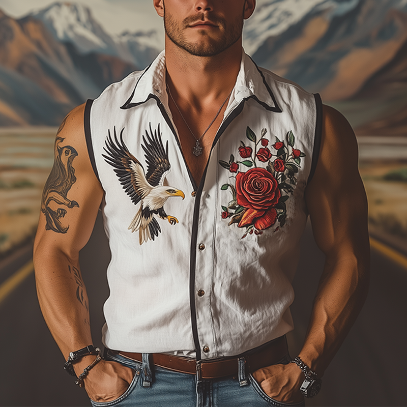 Men's Summer Fashion Retro Western Style Rose and Eagle Embroidery Cotton Linen Sleeveless Shirt MTA2980D5K