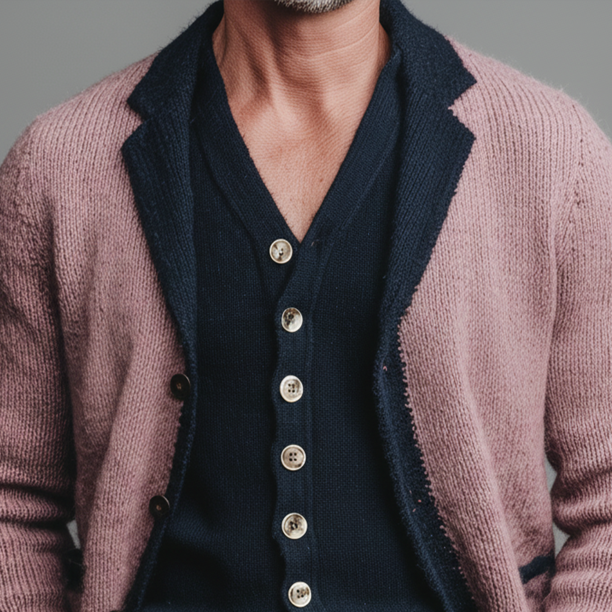 Men's Classic Casual Lapel Pink And Navy Blue Knitted Cardigan MTA2618I0K