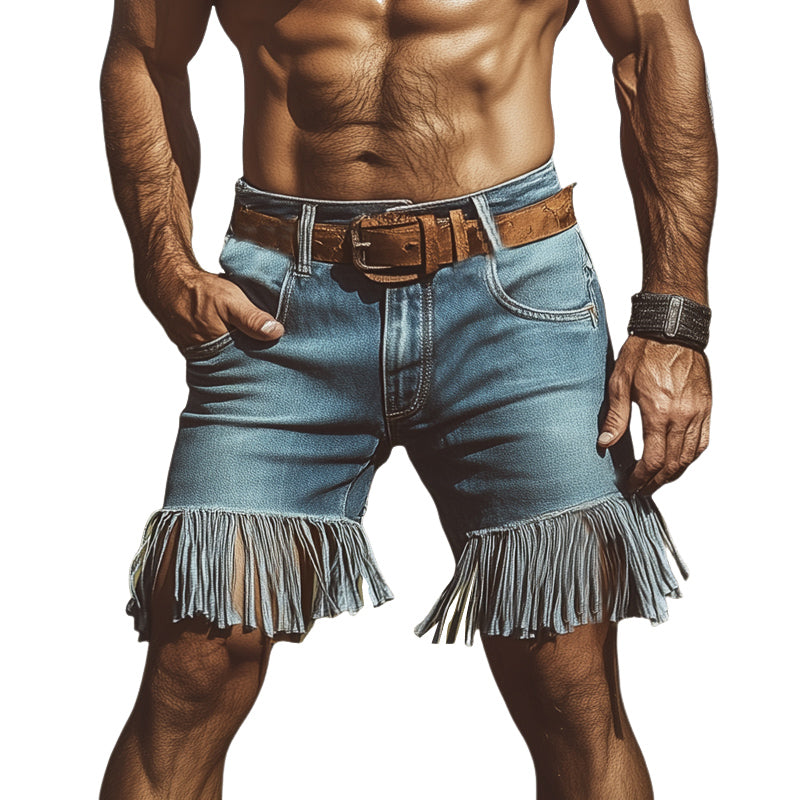 Men'S Western Cowboy Style Vintage Denim Fringe Shorts MTA1029E2U