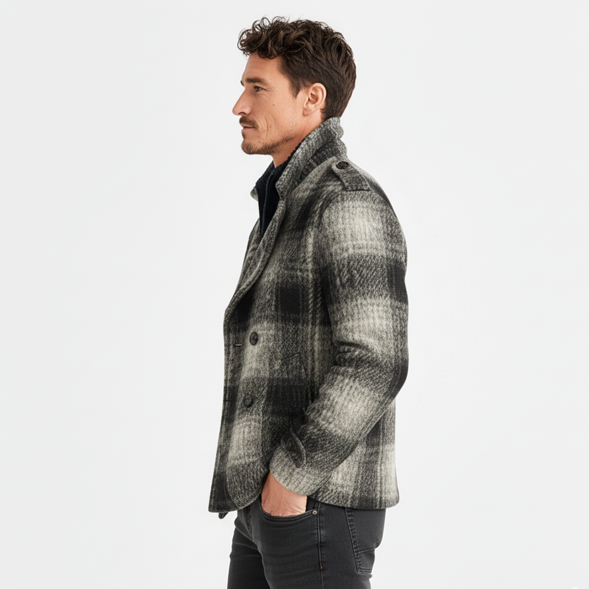 Men's Classic Light Business Lapel Double-breasted Faux Plaid Wool Jacket MTA3017I8K