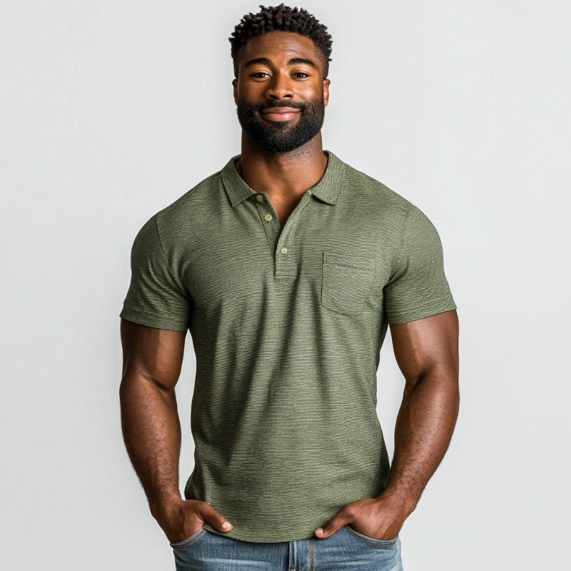Men's Casual Premium Cotton Striped Lapel Patch Pocket Slim Fit Short Sleeve Polo Shirt MTA0880E5M