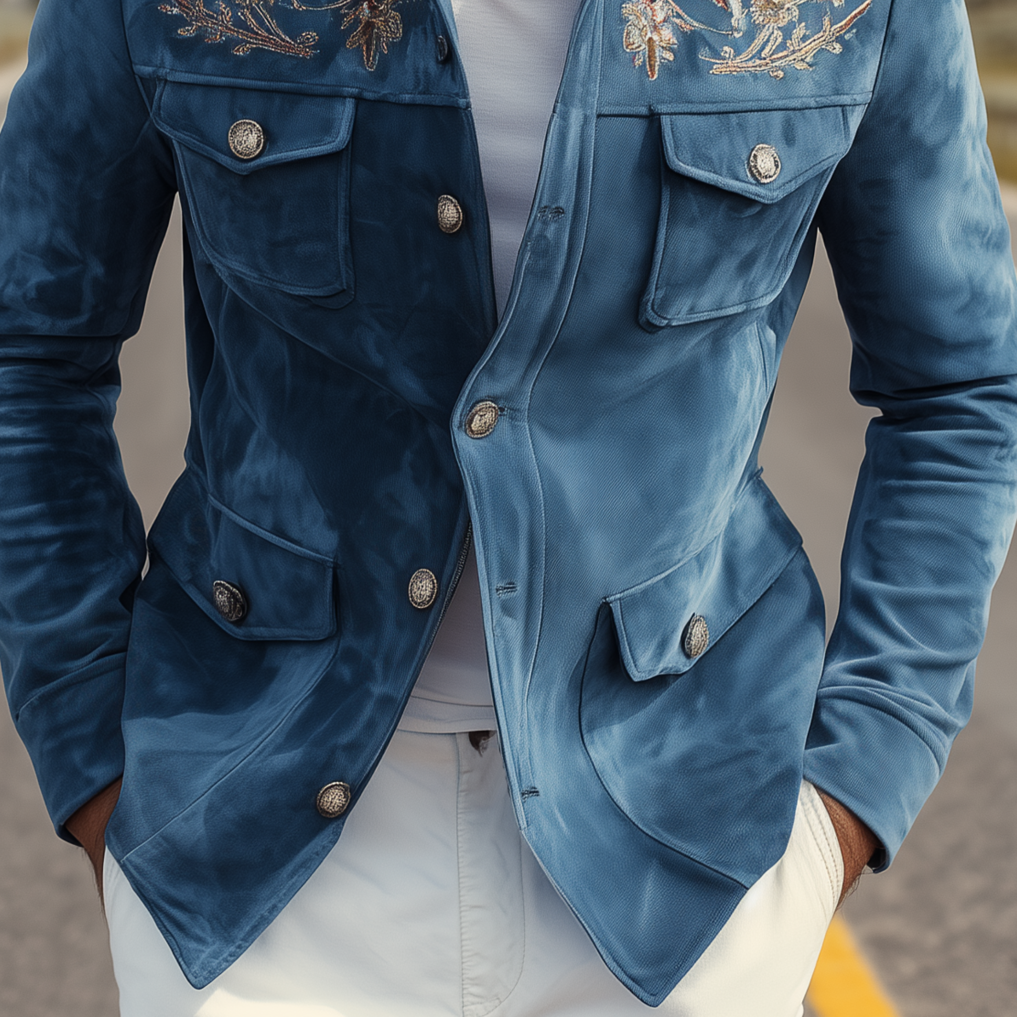 Men's Classic American Retro Western Style Embroidered Suede Multi-Pocket Jacket MTA2067H2K
