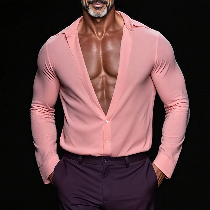 Men's Solid Stretch Lapel Long Sleeve Shirt MTA2250G7Z