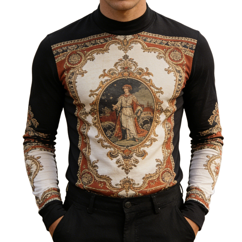 Men's Retro Casual Baroque Print Crew Neck Long Sleeve T-shirt MTA1247L1TO