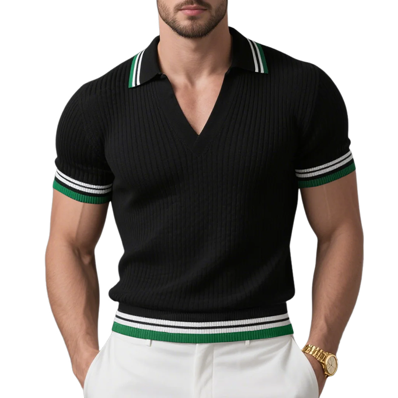 Herrestrikket poloskjorte med fargeblokk, slaglengde og V-hals, slim fit og kortermet MTA0421G5Y