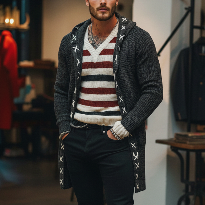 Men's Winter Fashion Simple Jacquard Knitted Hooded Cardigan MTA1629J6P