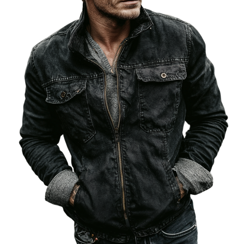 Men's Vintage Washed Lapel Zip-up Denim Jacket MTA1660I2X