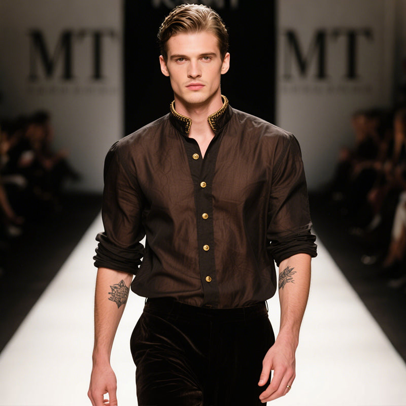 Men's Retro Casual Medieval Embroidery Metal Stand Collar Long Sleeve Shirt MTA2935E7TO