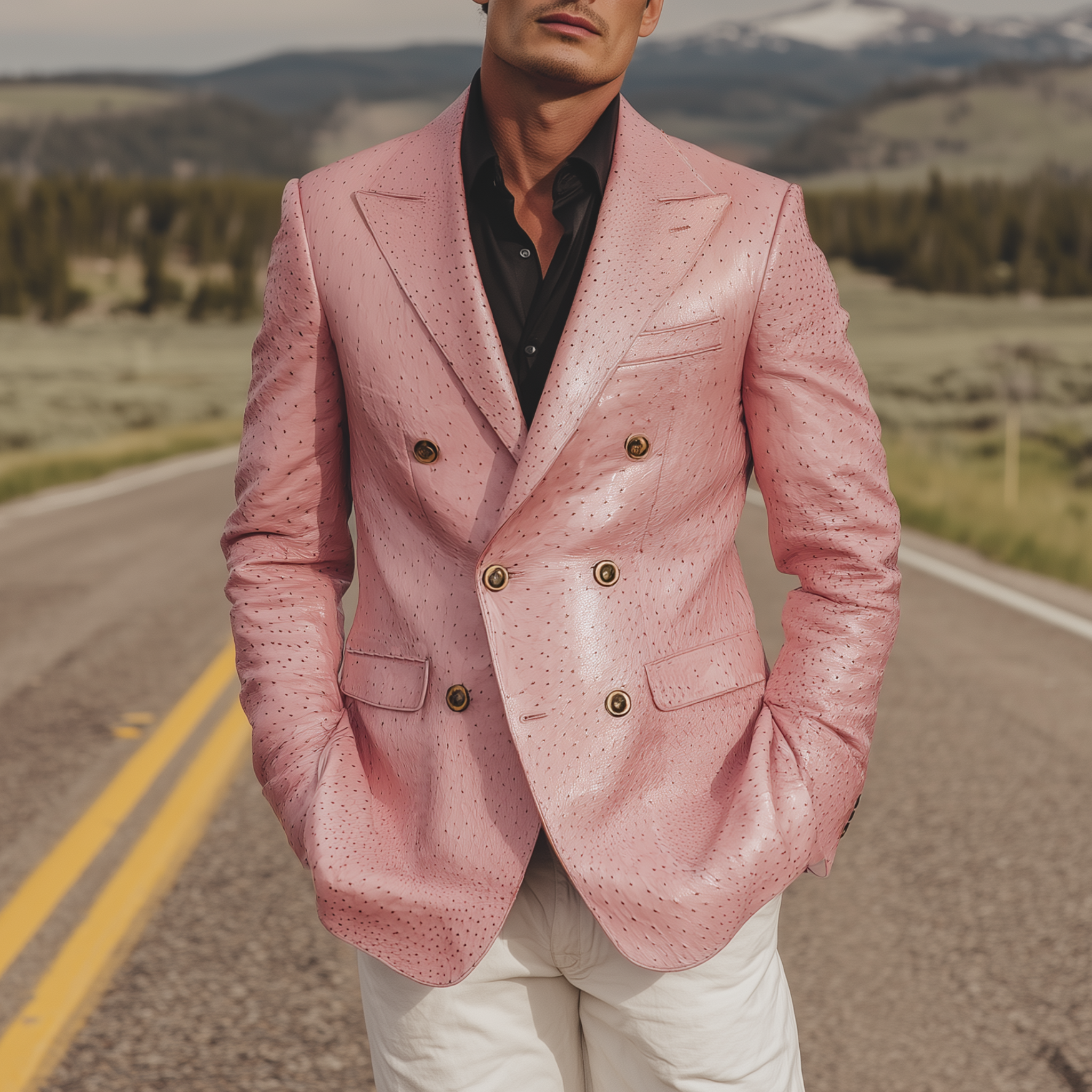 Men's Classic American Retro Pink Textured PU Leather Slim Double-breasted Blazer MTA1673H5K