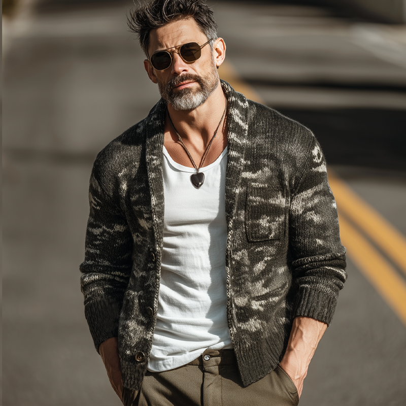 Men's Vintage Lapel Camouflage Button Knit Cardigan MTA1423H8U