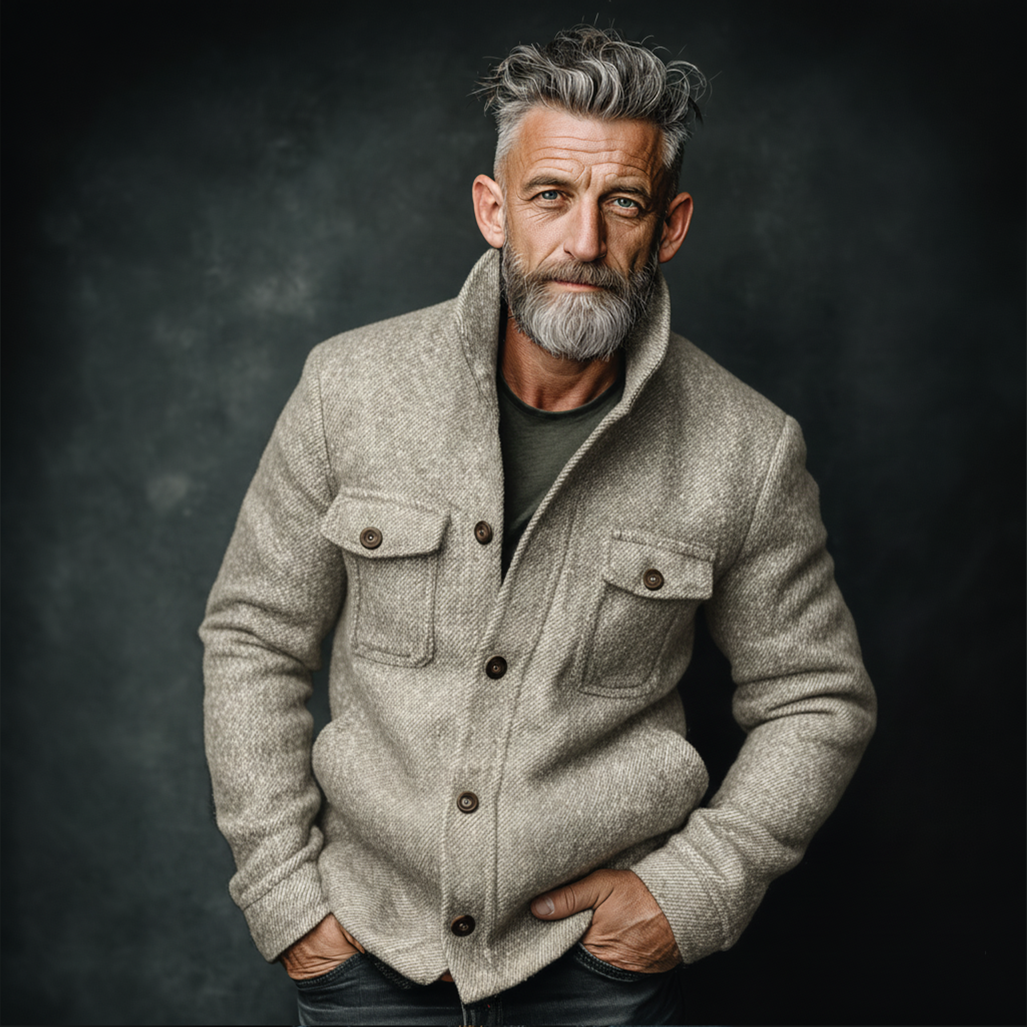 Men's Classic Retro Stand Collar Multi-pocket Faux Twill Woolen Jacket MTA2919I4K