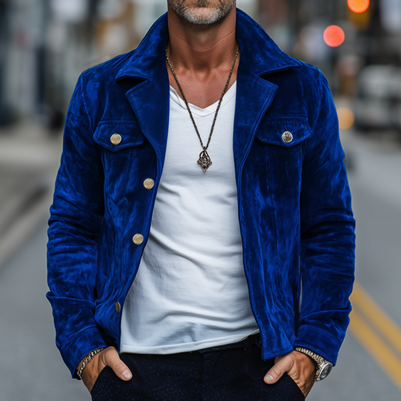 Men's Spring And Autumn Vintage Klein Blue Suede Jacket MTA1817H1U