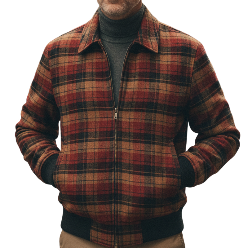 Men's Retro Casual Plaid Print Lapel Zipper Jacket MTA2406I1TO