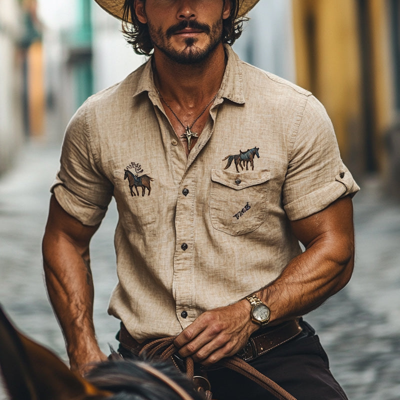 Men's Western Boys Embroidered Short Sleeve Lapel Shirt MTA2987D0X