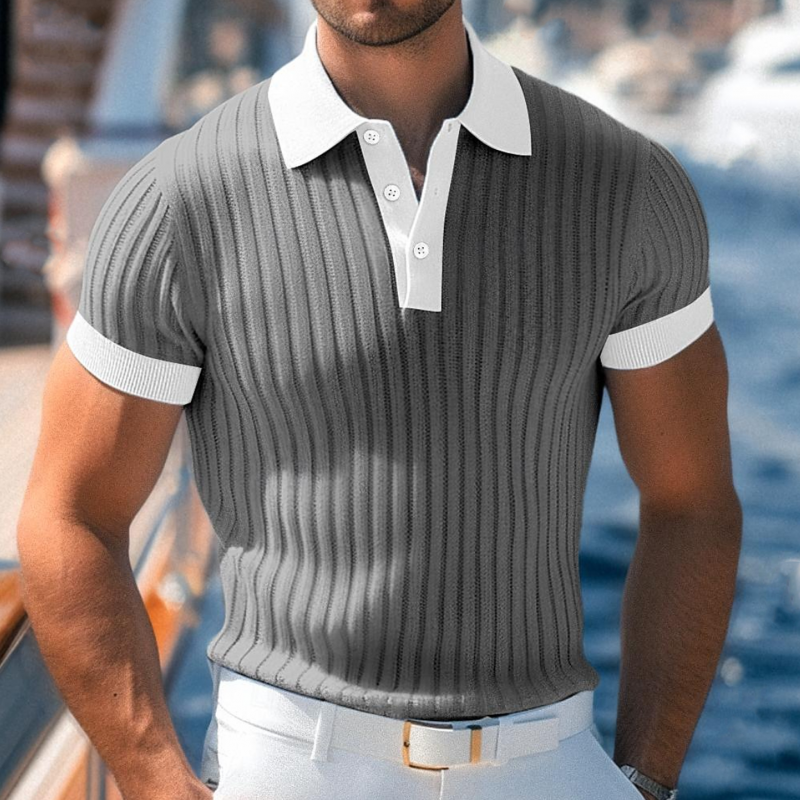 Men's Casual Breathable Contrast Color Lapel Slim Fit Knitted Short-sleeved Polo Shirt MTA2148G1M