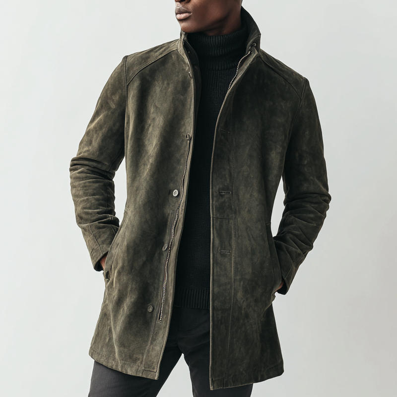 Men's Vintage Stand Collar Faux Suede Mid-Length Zipper Coat MTA0651H0X