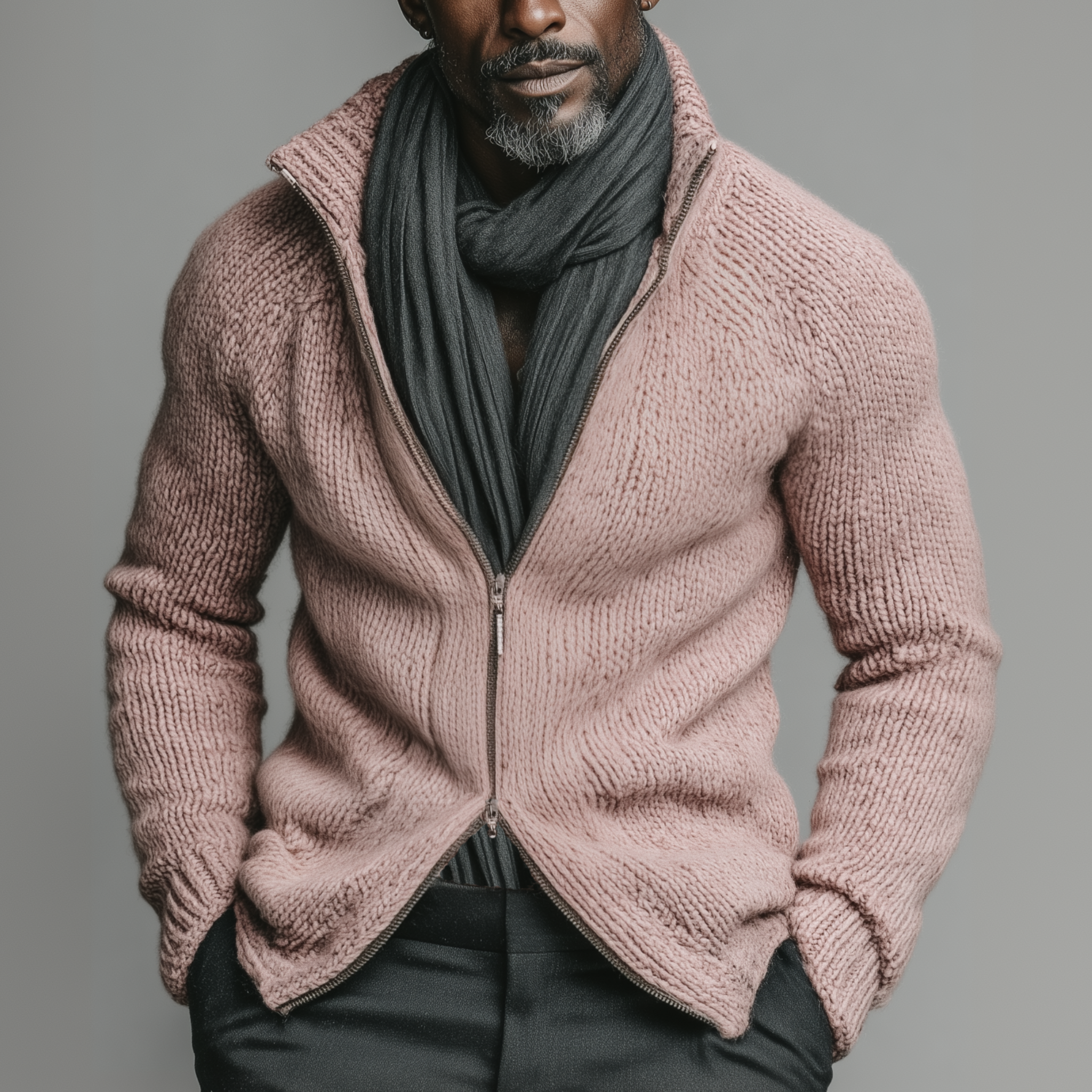 Men's Classic Casual Stand-up Collar Pink Zipper Slim Fit Knitted Cardigan MTA1880I6K
