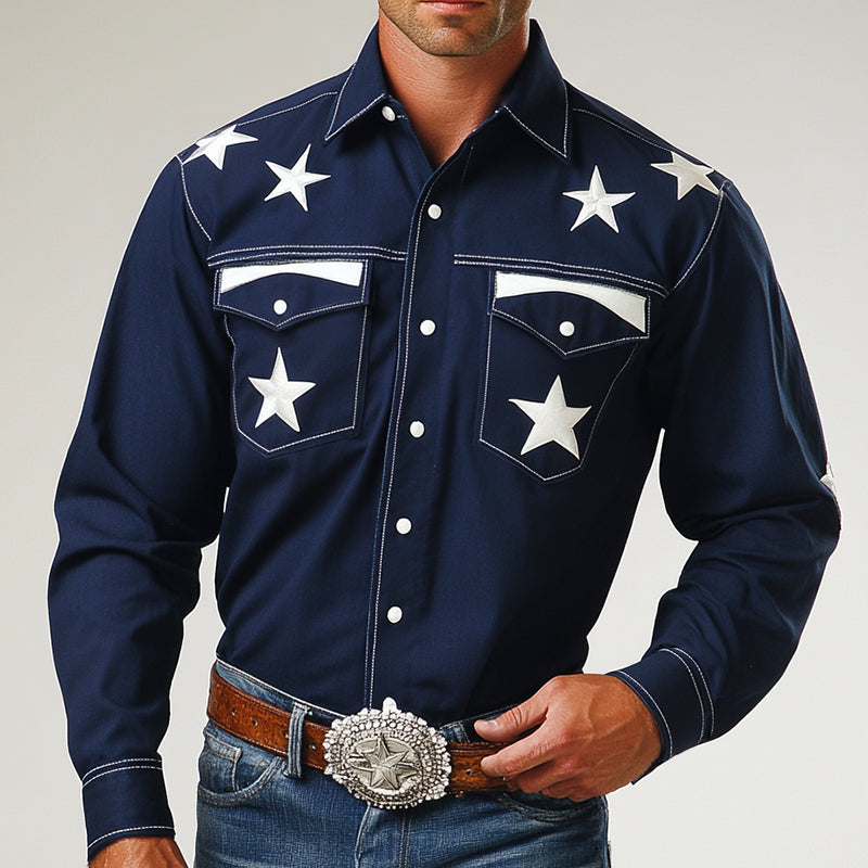 Men's Retro Western Cowboy Style Star Embroidered Lapel Long Sleeve Shirt MTA0618E2TO