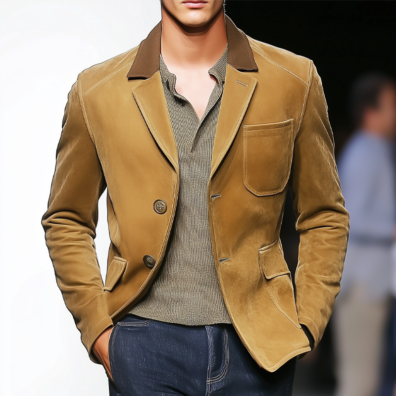 Men's Vintage Two-Button Colorblock Collar Suede Blazer MTA1102H0U