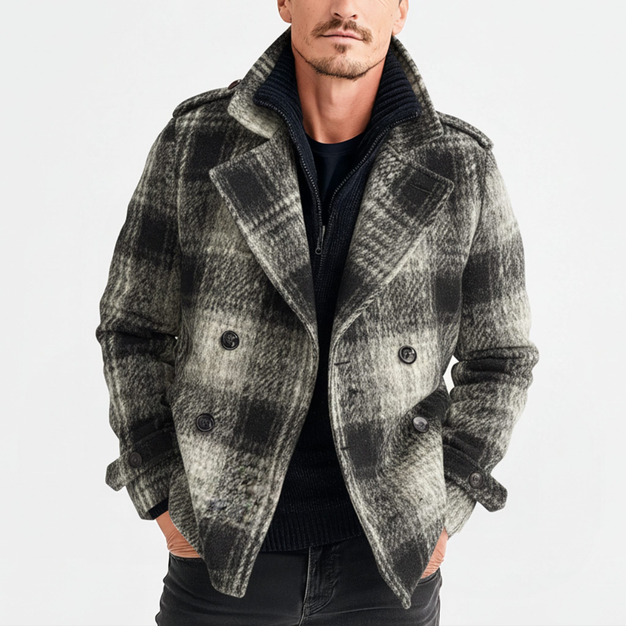 Men's Classic Light Business Lapel Double-breasted Faux Plaid Wool Jacket MTA3017I8K