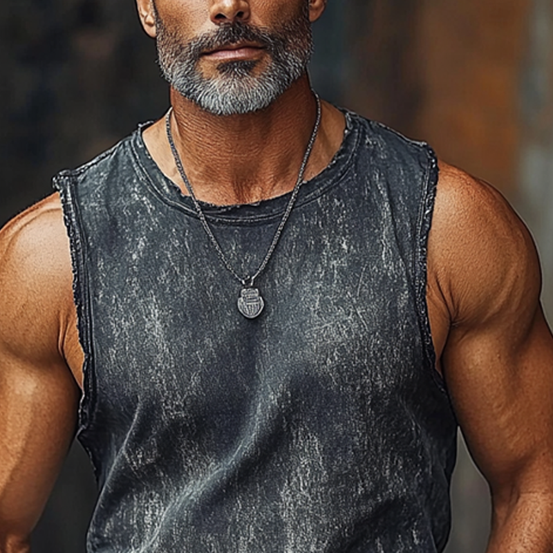Men's Vintage Crew Neck Printed Raw Edge Sleeveless Tank Tops MTA1056F1X