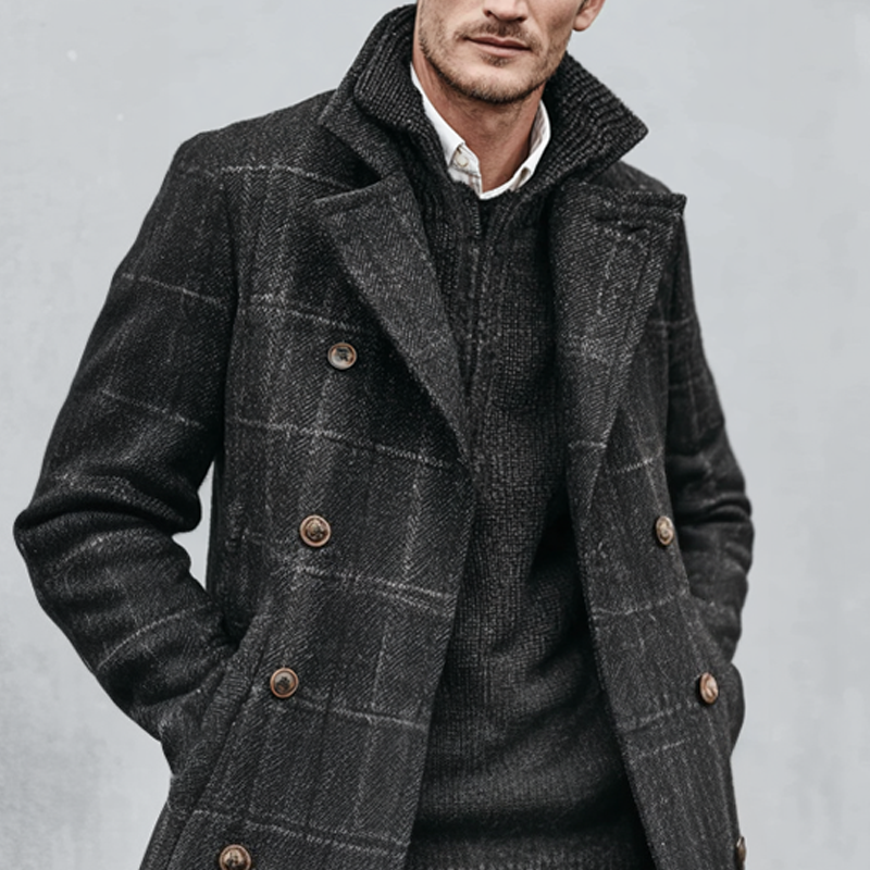 Men's Faux Wool Check Lapel Double Breasted Mid-length Coat MTA1066I6Z