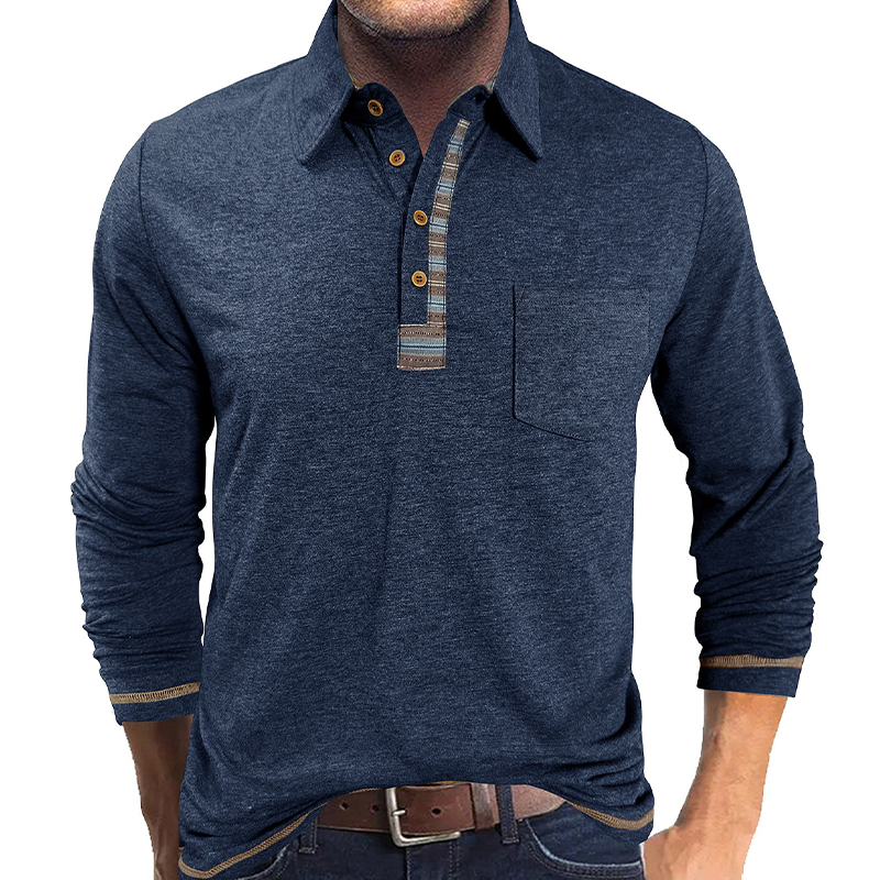 Men's Cotton Blend Contrast Color Long Sleeve Lapel Polo Shirt MTA2921H0X