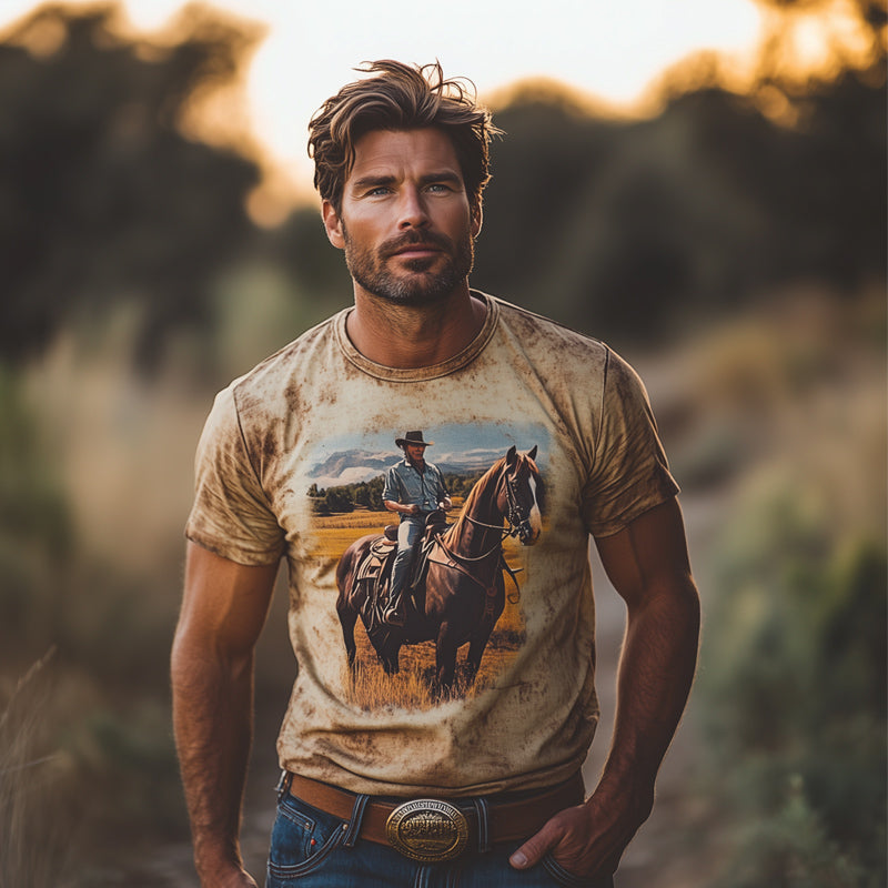 Men's Summer Western Cowboy Style Retro Print Round Neck T-Shirt MTA2934D7U