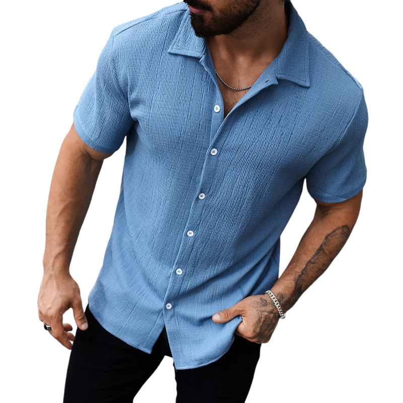 Men's Casual Cotton Blend Pleated Texture Lapel Slim Fit Short Sleeve Shirt MTA2683E7M