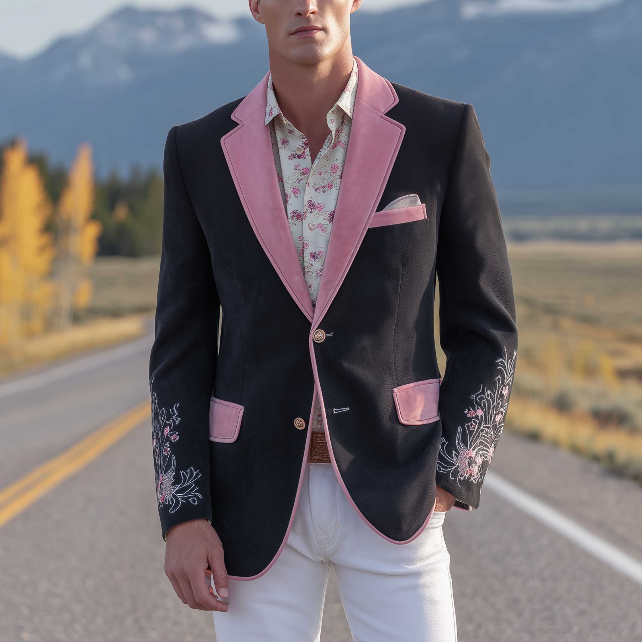 Men's Classic Retro Western Style Pink Suede And Cotton Blend Embroidered Single-breasted Blazer MTA2652H0K