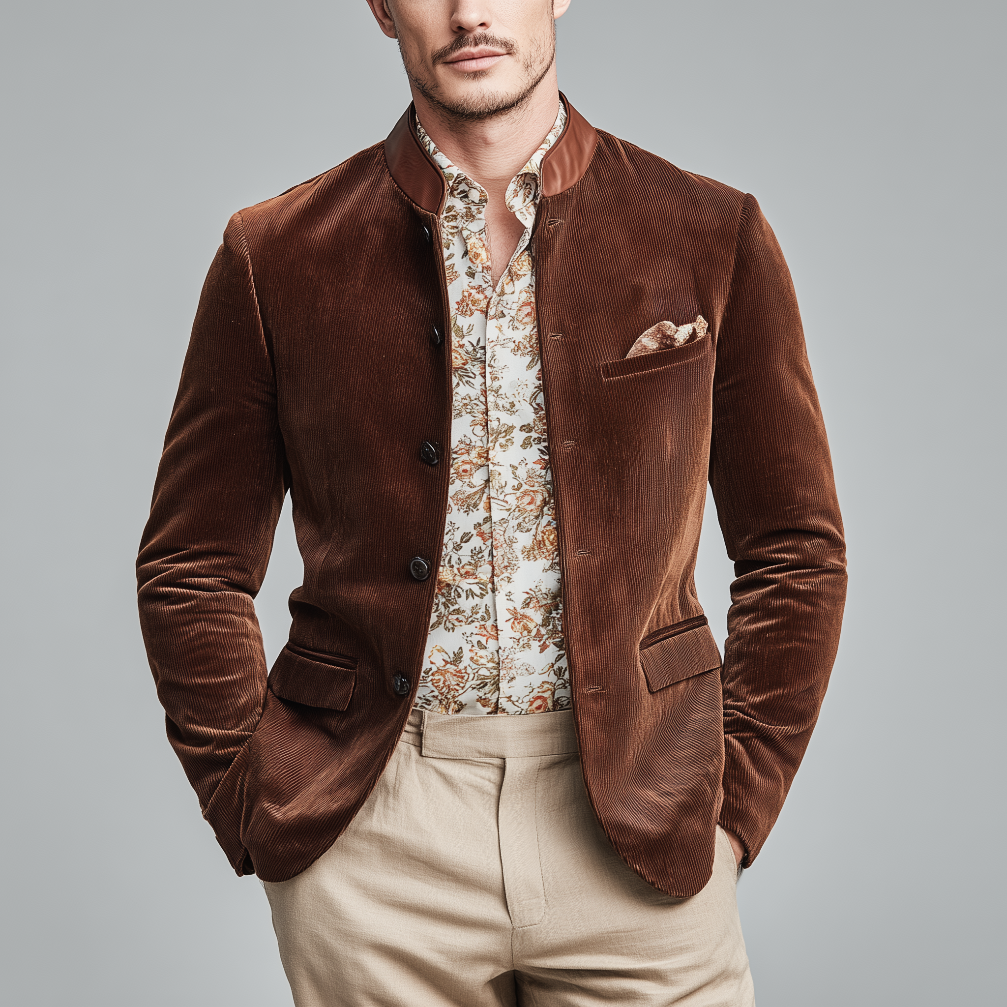 Men's Classic Casual Stand-up Collar Stitching PU Leather Slim Corduroy Jacket MTA1712I1K