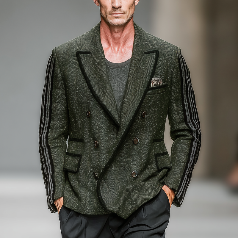 Men's Winter Fashion Contrast Edge Herringbone Faux Wool Double-breasted Jacket MTA2830I6P