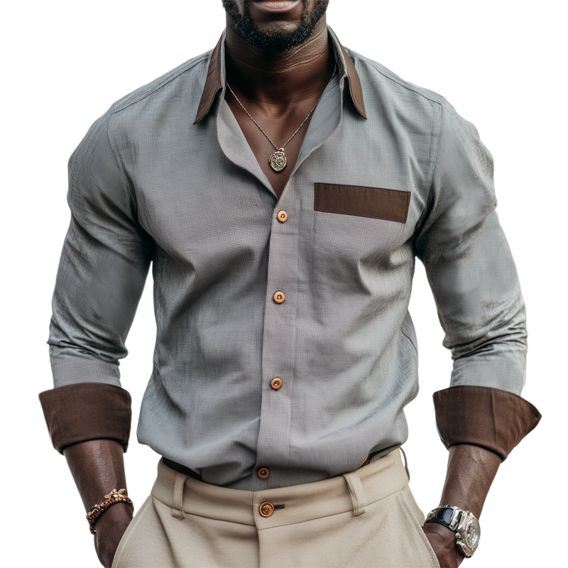 Men's Spring And Autumn Business Colorblock Long Sleeve Shirt MTA0274H9U