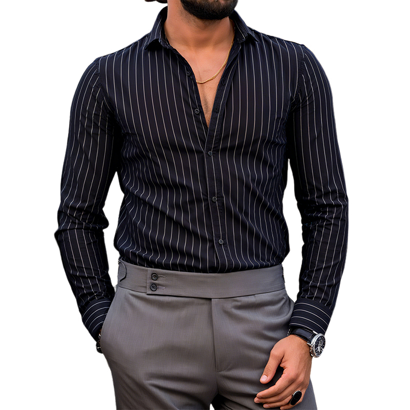 Men's Retro Casual Striped Print Long Sleeve Shirt MTA2452G4TO