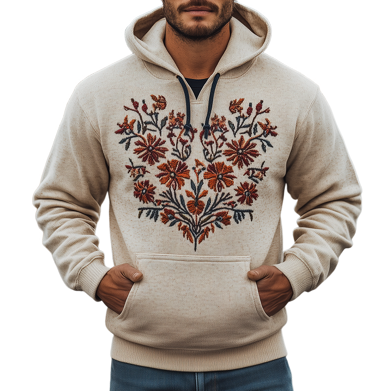 Men's Vintage Casual Floral Embroidered Hoodie MTA2350G8TO