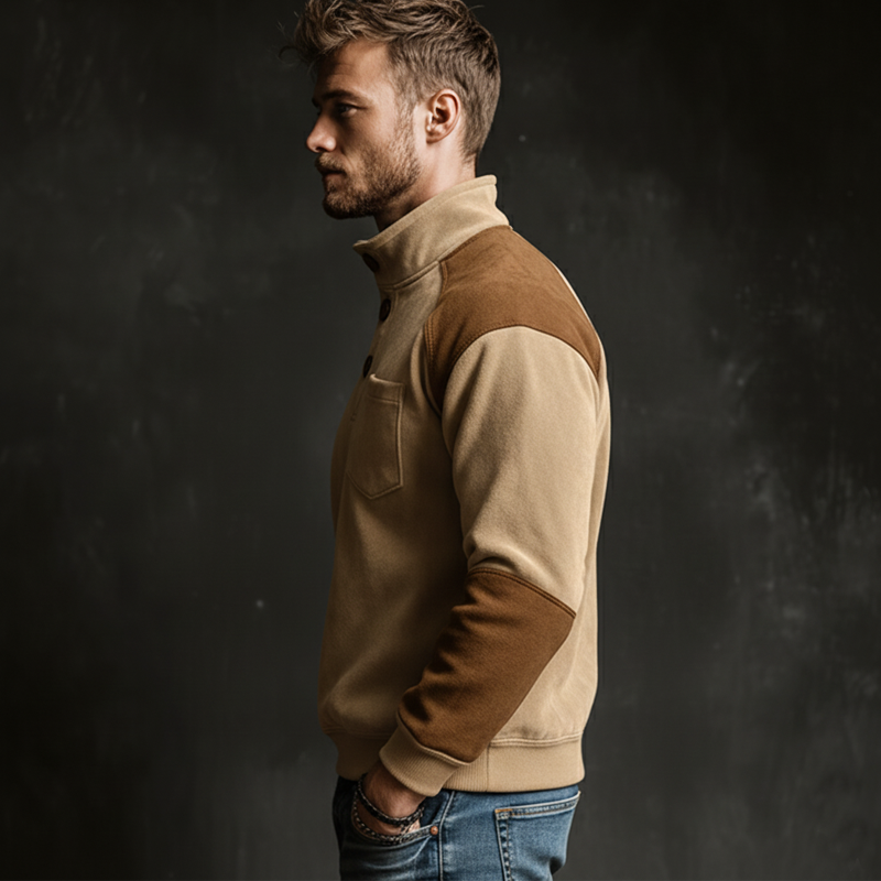 Men's Classic Three-button Stand-collar Color-block Faux Suede Sweatshirt MTA2915L2U