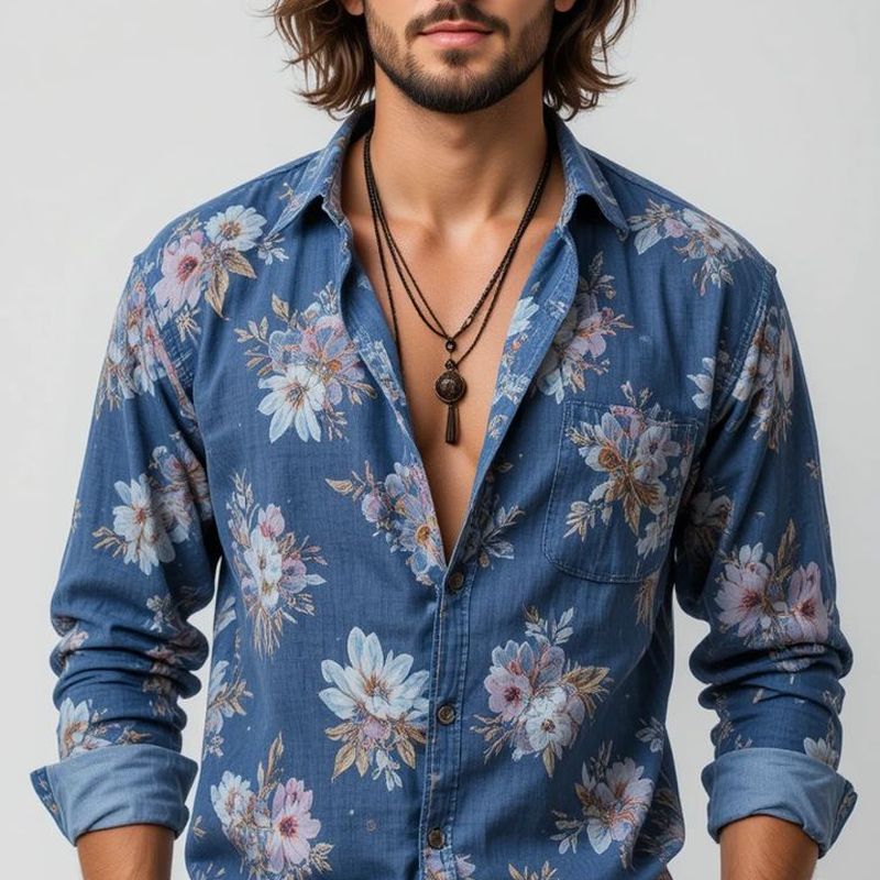 Men's Floral Lapel Long Sleeve Shirt MTA3052G5Z
