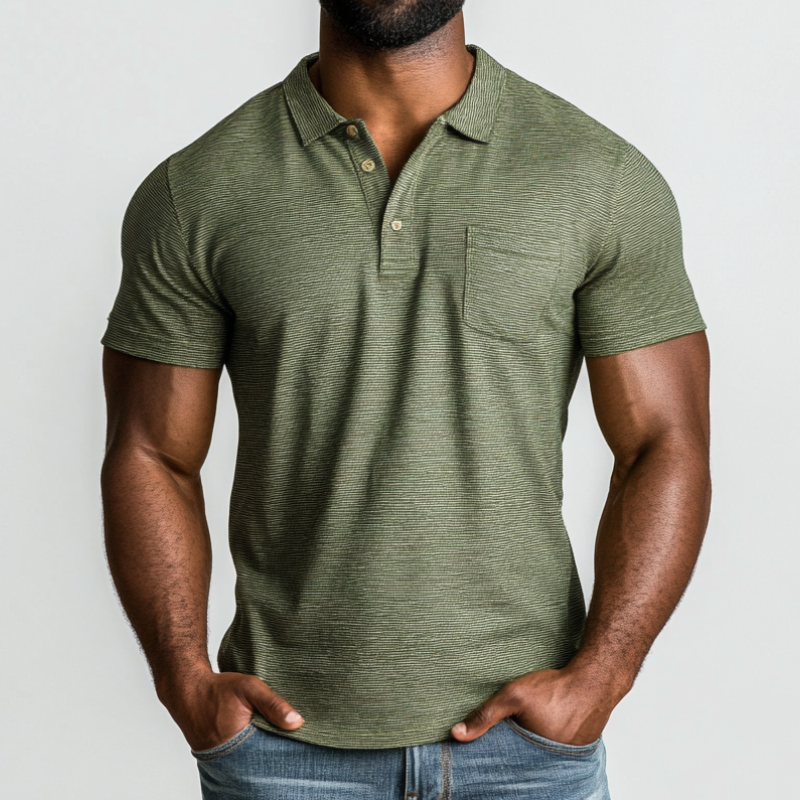 Men's Casual Premium Cotton Striped Lapel Patch Pocket Slim Fit Short Sleeve Polo Shirt MTA0880E5M