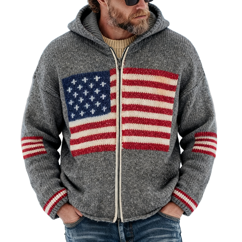 Men's Vintage Casual Knit American Flag Hooded Zip-Up Cardigan Jacket MTA1645J6TO