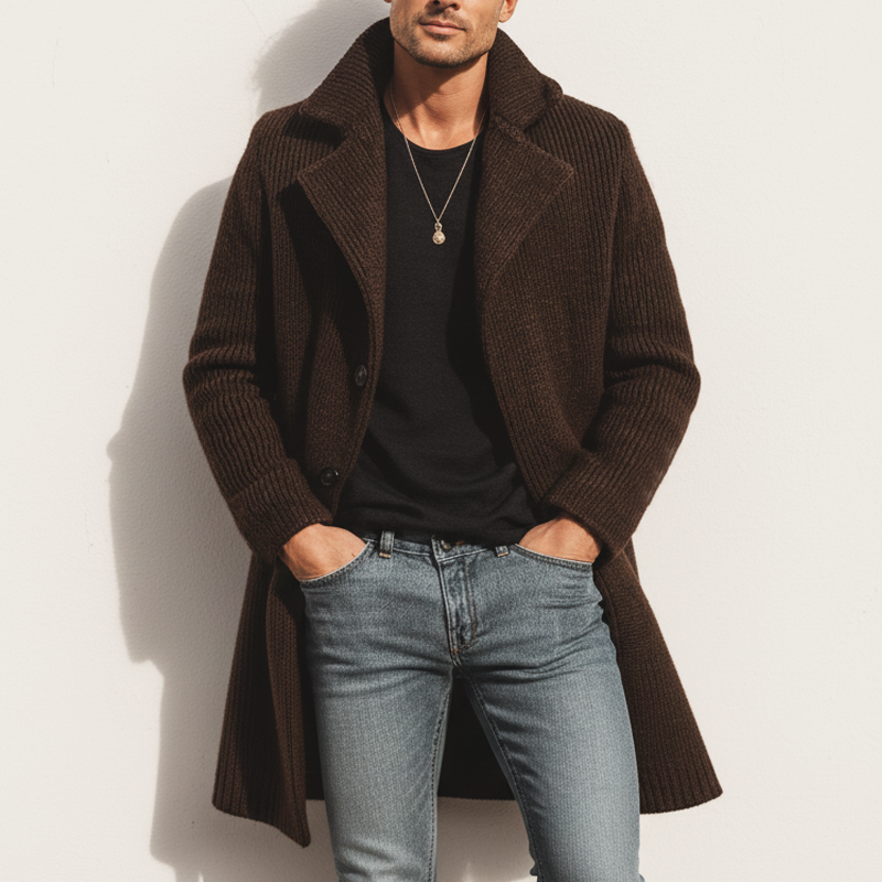 Men's Urban Chocolate-Colored Buttoned Knitted Coat MTA1743K8U